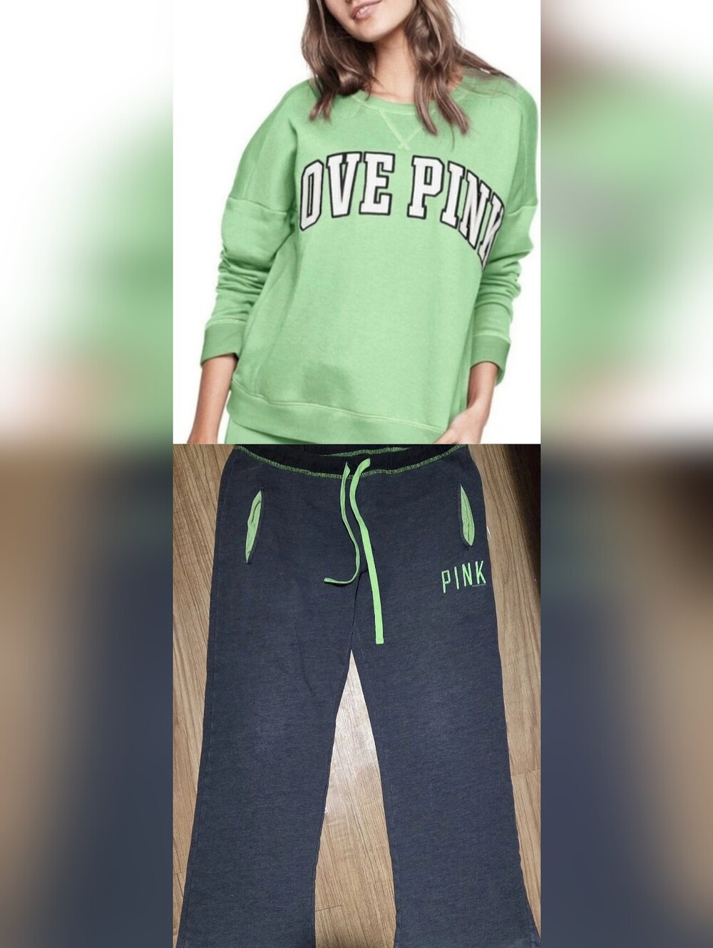 Victoria's Secret PINK Green/Gray Sweatshirt Sweatpants 2pc Set Size XS